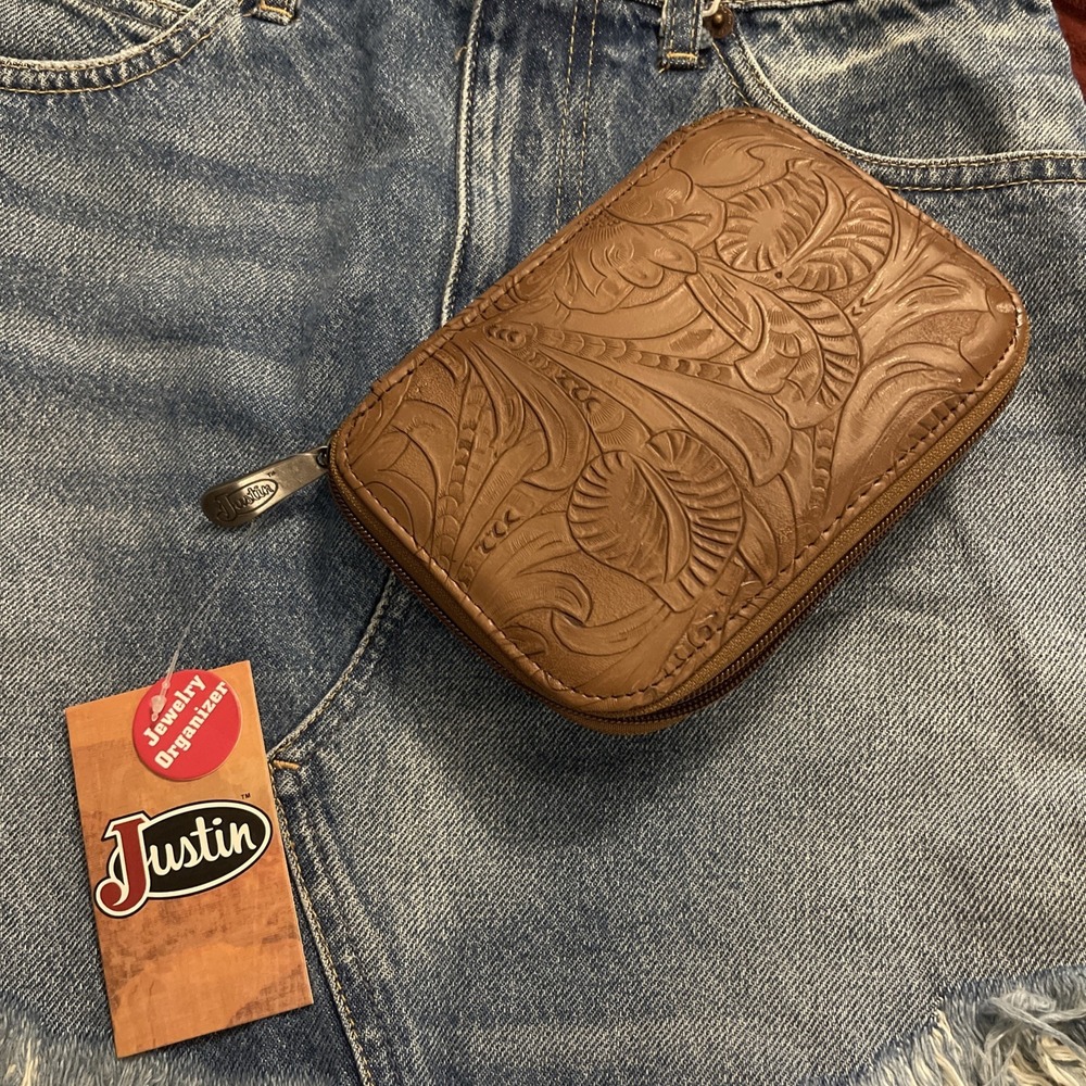 NWT New Justin Western Tool Brown Leather Jewelry‎ Organizer Wallet Zipper Close